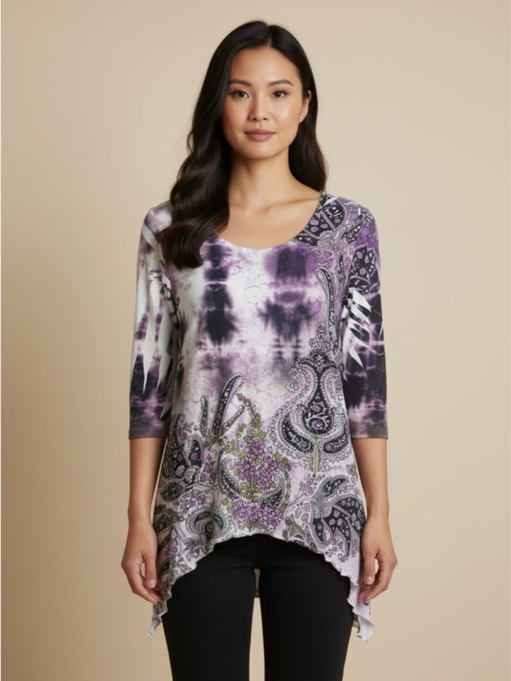 Purple‎ Paisley Tie-Dye Beaded Top Asymmetric Tunic Y2K
